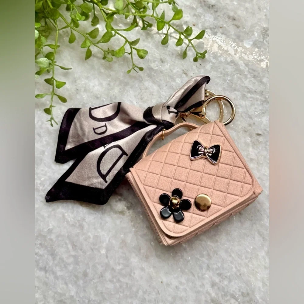 New Pink Diamond Texture Mini Bag Purse Charm Keychain w/ Scarf, Bow, Flower